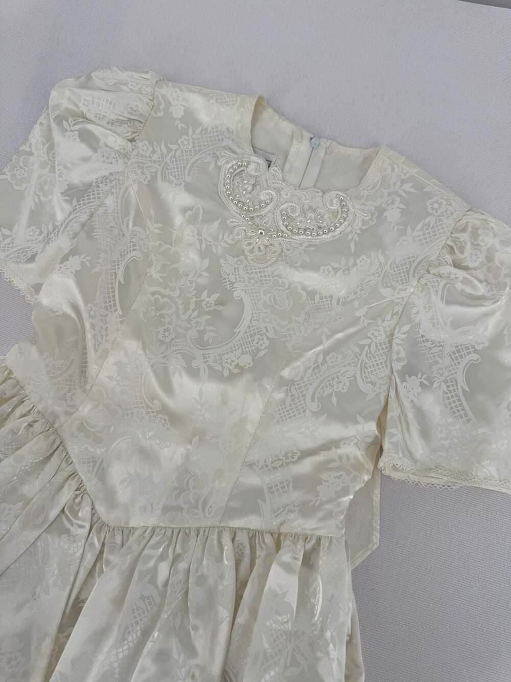 Jessica McClintock Girls Dress Size 7 Ivory Jacquard Lace Satin Vintage